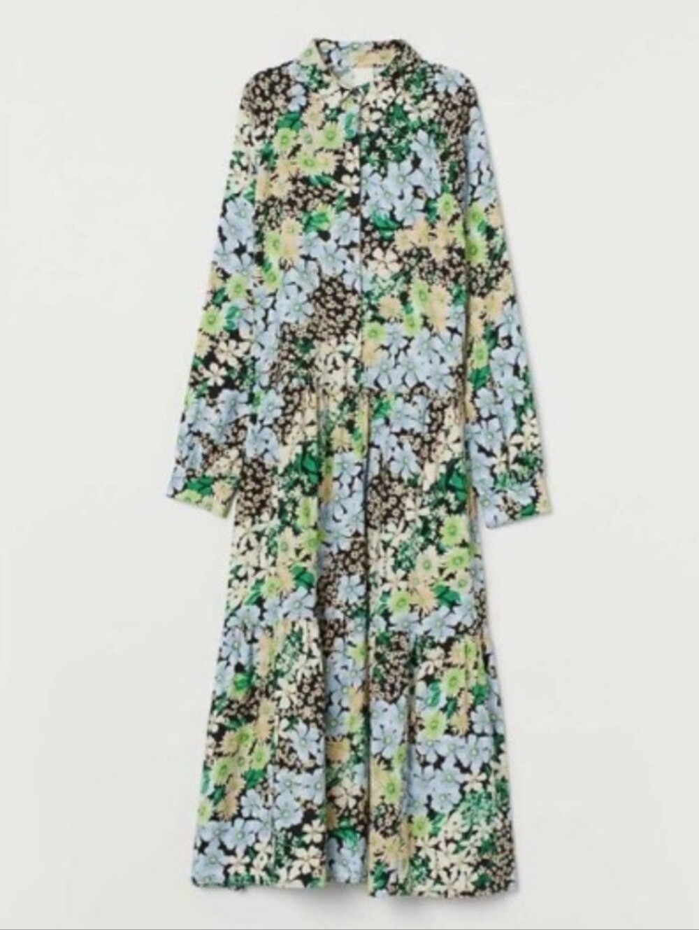 H&M Floral V-Neck Long Sleeve Maxi Dress in Blue, Green and Cream
